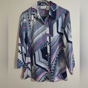 Alfred Dunner Navy, White & Pink Geometric Collared Blouse